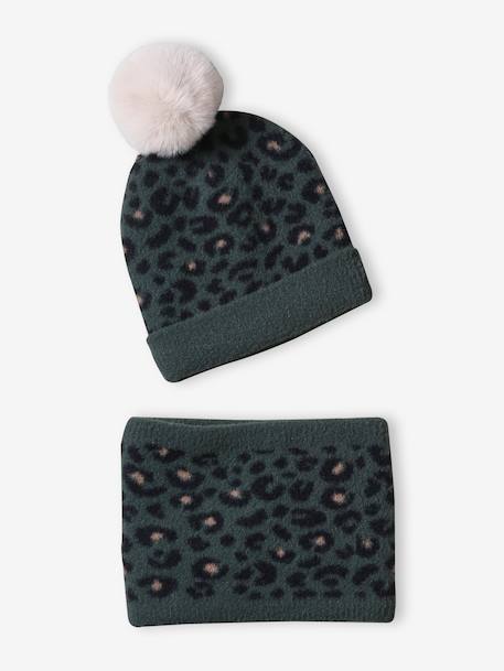 'Leopard' Beanie + Snood Set for Girls green - vertbaudet enfant 