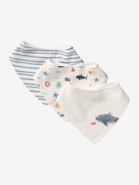 3 Bandana-Style Bibs in Cotton Gauze Brown+cappuccino+ecru+grey blue+Light Green+pale pink+printed beige+sage green+White/Print - vertbaudet enfant 