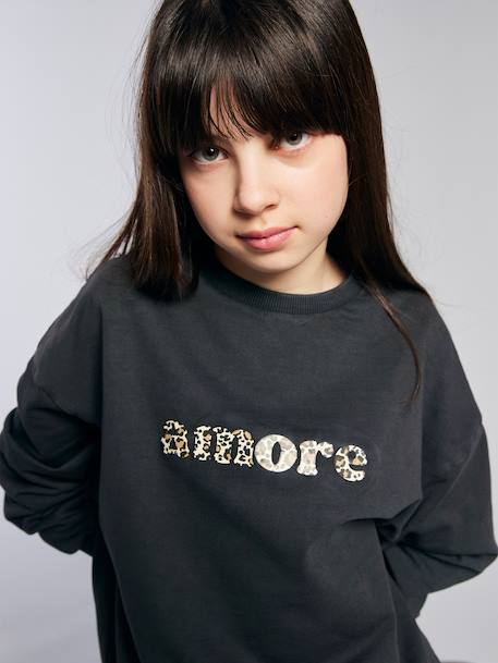 Oversized Leopard Print Slogan Sweatshirt for Girls, JONEN anthracite - vertbaudet enfant 