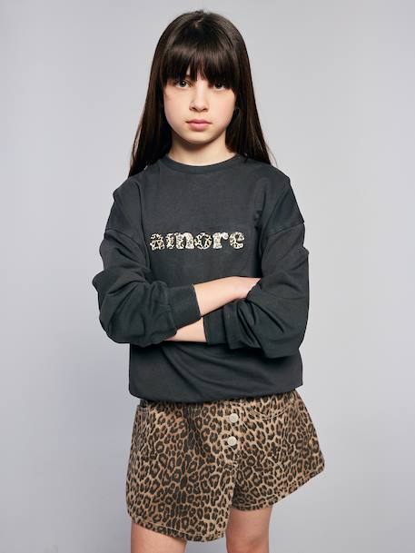 Oversized Leopard Print Slogan Sweatshirt for Girls, JONEN anthracite - vertbaudet enfant 