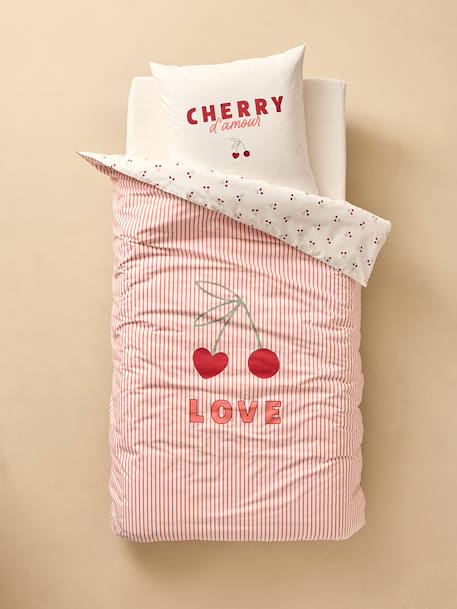 Duvet Cover & Pillowcase Set with Recycled Cotton, CHERRY STRIPES striped red - vertbaudet enfant 