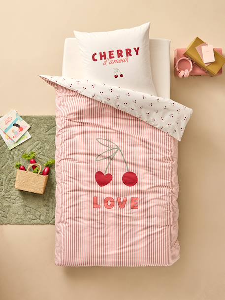Duvet Cover & Pillowcase Set with Recycled Cotton, CHERRY STRIPES striped red - vertbaudet enfant 
