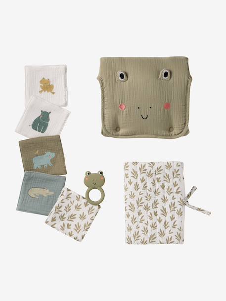 8-piece baby gift set: 1 rattle, 1 travel changing mat, 5 wipes, 1 pouch ochre+printed green+printed white - vertbaudet enfant 