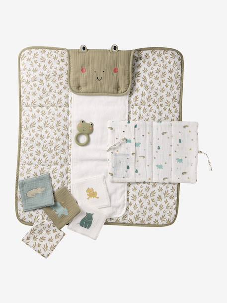 8-piece baby gift set: 1 rattle, 1 travel changing mat, 5 wipes, 1 pouch ochre+printed green+printed white - vertbaudet enfant 