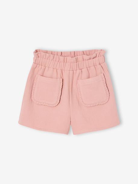 Girl's paperbag shorts in twill rosy - vertbaudet enfant 