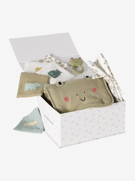 Coffret cadeau naissance 8 pièces : 1 hochet, 1 tapis à langer nomade, 5 lingettes, 1 pochette blanc imprimé+ocre+vert imprimé - vertbaudet enfant 