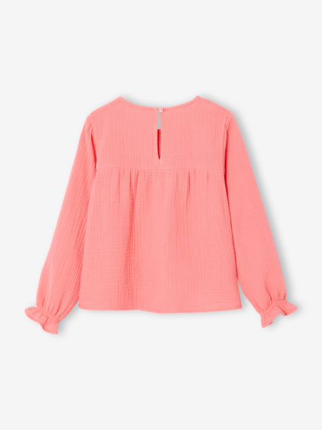 Ruffled Blouse in Cotton Gauze, for Girls coral+ecru - vertbaudet enfant 