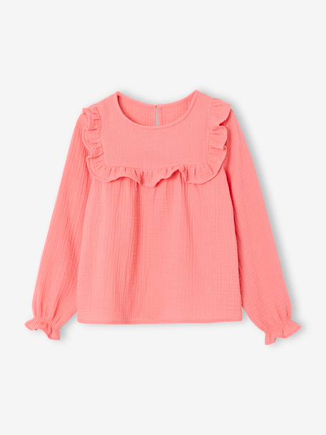 Ruffled Blouse in Cotton Gauze, for Girls coral+ecru - vertbaudet enfant 