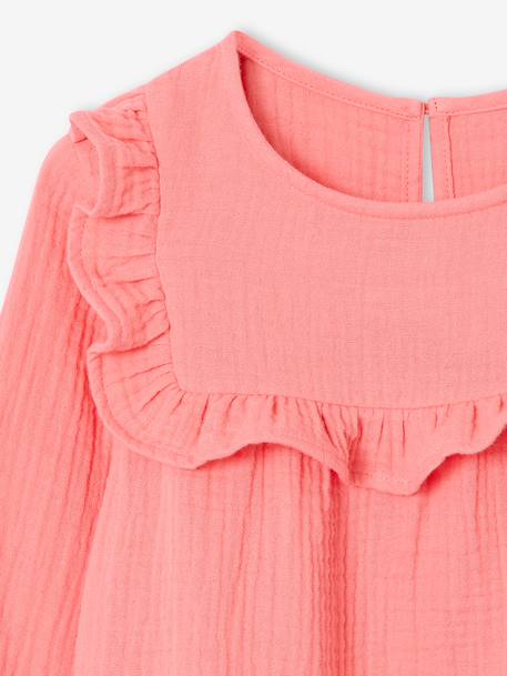 Ruffled Blouse in Cotton Gauze, for Girls coral+ecru - vertbaudet enfant 