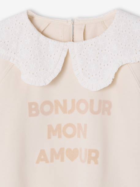 Girl's sweatshirt with English embroidery collar and flocked velvet message ecru+mauve+pale pink+red - vertbaudet enfant 