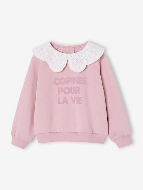 Sweat fille col claudine broderie anglaise écru+gris chiné+mauve+rose pâle+rouge - vertbaudet enfant 