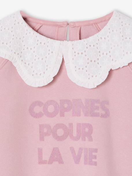 Sweat fille col claudine broderie anglaise écru+gris chiné+mauve+rose pâle+rouge - vertbaudet enfant 