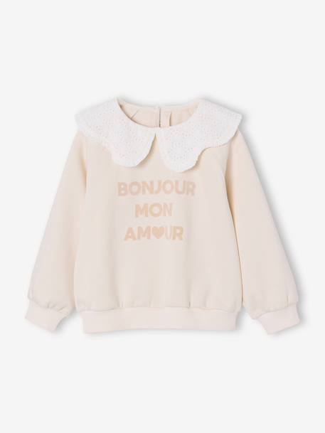 Sweat fille col claudine broderie anglaise écru+gris chiné+mauve+rose pâle+rouge - vertbaudet enfant 
