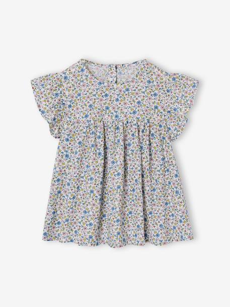 Blouse with Flower Motifs & Short Ruffled Sleeves for Girls chequered red+printed white - vertbaudet enfant 