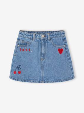 -Denim Skirt with Broderie Anglaise for Girls 