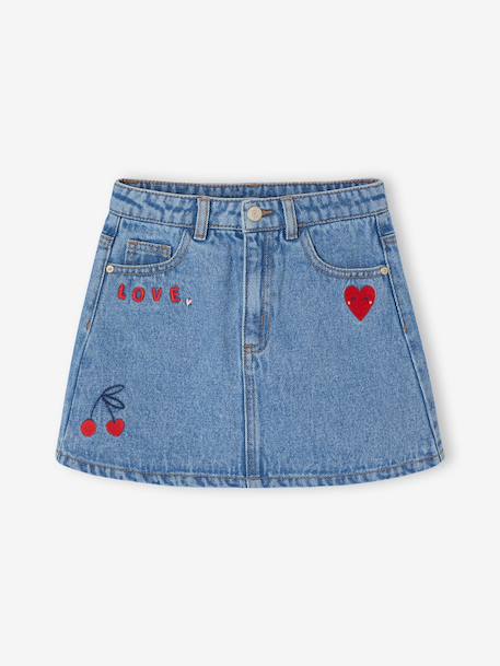 Denim Skirt with Broderie Anglaise for Girls medium blue - vertbaudet enfant 