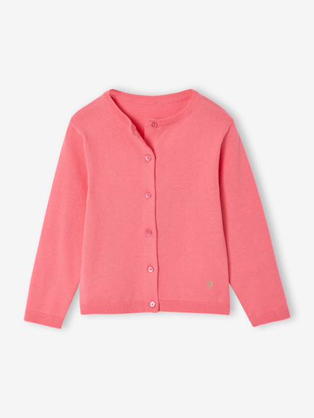 Gilet fille maille fine BASICS anthracite+beige chiné+bleu grisé+bois de rose+marine+prune+rose bonbon+vanille+vert émeraude - vertbaudet enfant 