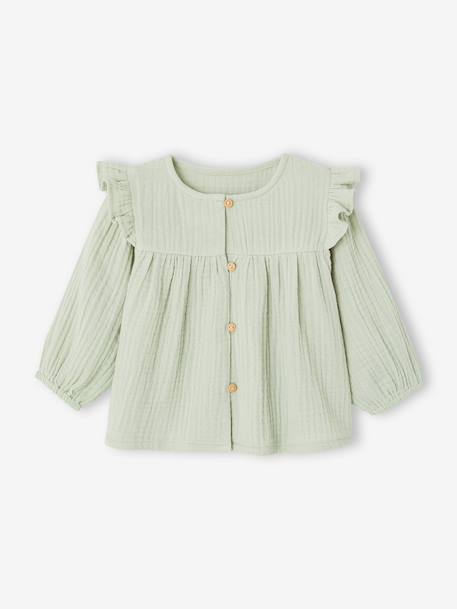 Blouse in Cotton Gauze with Ruffles, for Babies almond green+ecru+old rose - vertbaudet enfant 