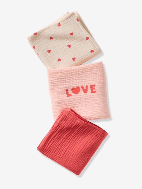 Pack of 3 Cotton Gauze Muslin Squares with Hearts printed pink - vertbaudet enfant 