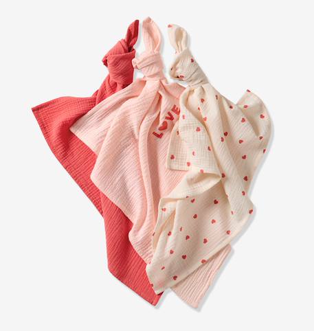 Pack of 3 Cotton Gauze Muslin Squares with Hearts printed pink - vertbaudet enfant 
