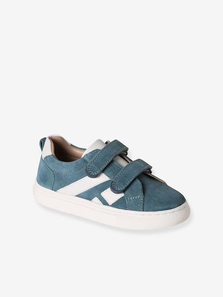 Leather Trainers with Hook-and-Loop Fasteners for Boys, Designed for Autonomy denim blue+navy blue+set blue+set green - vertbaudet enfant 