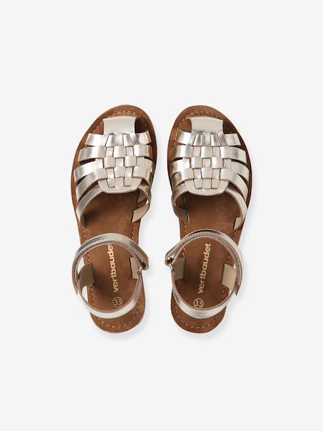 Leather Sandals with Hook-&-Loop Straps for Children ecru+gold - vertbaudet enfant 