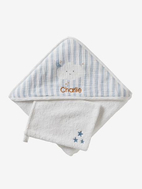 Customisable bath cape + wash mitt IN THE CLOUDS striped blue - vertbaudet enfant 