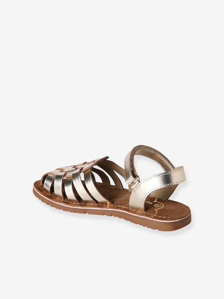 Hook-&-Loop Leather Sandals for Children, Designed for Autonomy ecru+gold - vertbaudet enfant 