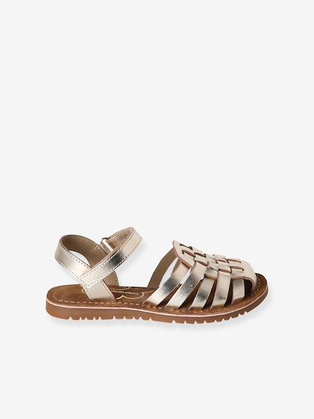 Hook-&-Loop Leather Sandals for Children, Designed for Autonomy ecru+gold - vertbaudet enfant 