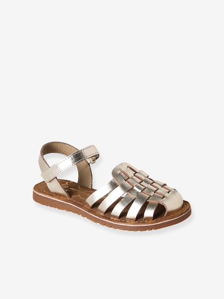 Hook-&-Loop Leather Sandals for Children, Designed for Autonomy ecru+gold - vertbaudet enfant 