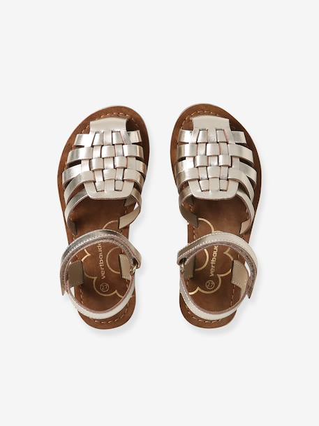 Hook-&-Loop Leather Sandals for Children, Designed for Autonomy ecru+gold - vertbaudet enfant 