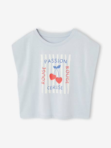 Girls' cropped t-shirt with short, padded sleeves pale blue+pale pink - vertbaudet enfant 