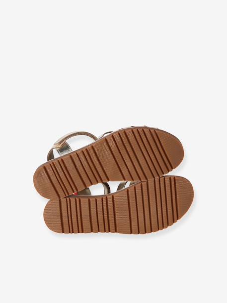 Leather Sandals with Hook-&-Loop Straps for Children ecru+gold - vertbaudet enfant 