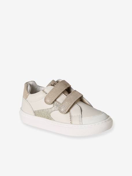 Hook-and-Loop Leather Trainers for Children, Designed for Autonomy ecru+printed white - vertbaudet enfant 