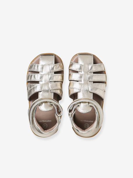 Leather Sandals for Baby Girls, Designed for First Steps gold+iridescent beige+printed white - vertbaudet enfant 