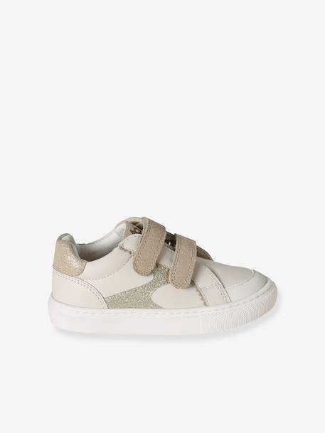 Baskets enfant fille cuir à scratchs blanc imprimé+écru - vertbaudet enfant 