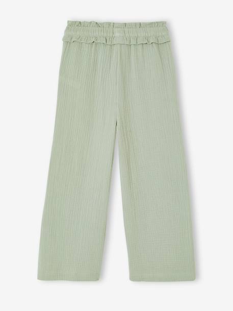 Wide-leg cotton muslin trousers grey green+rose - vertbaudet enfant 