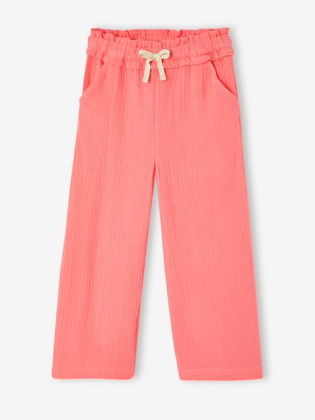 Wide-leg cotton muslin trousers grey green+rose - vertbaudet enfant 