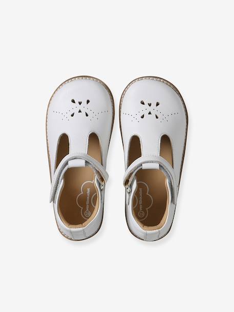 Girls' leather mary janes with touch-and-close fastening navy blue+white - vertbaudet enfant 