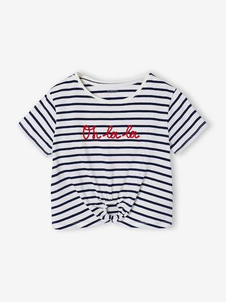 T-shirt fille détail noeud fantaisie écru+rayé bleu+rouge - vertbaudet enfant 