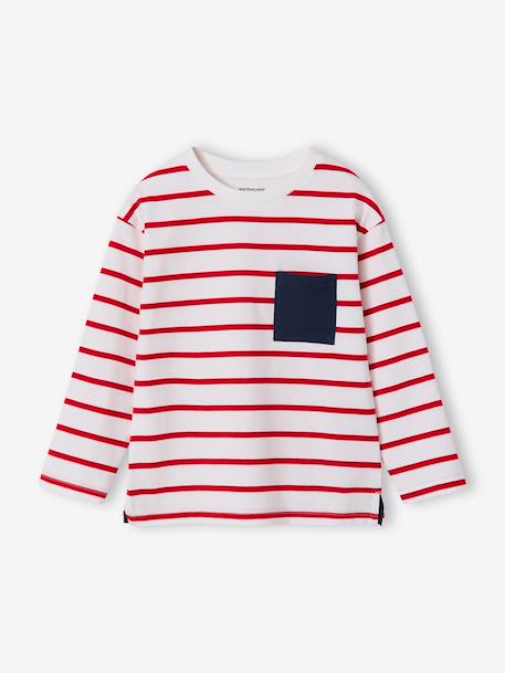 Striped Long Sleeve T-Shirt for Boys aqua green+ecru+red - vertbaudet enfant 
