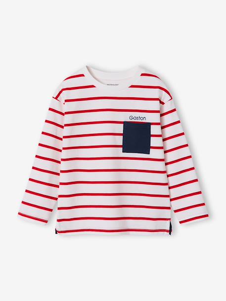 Striped Long Sleeve T-Shirt for Boys aqua green+ecru+red - vertbaudet enfant 