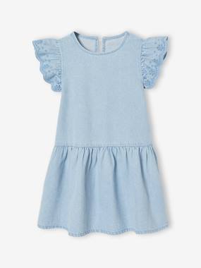 -Robe fille denim manches courtes brodées