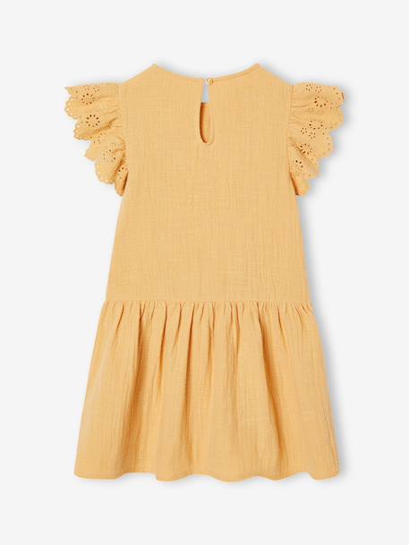 Girls' cotton gauze dress with short embroidered sleeves coral+yellow - vertbaudet enfant 