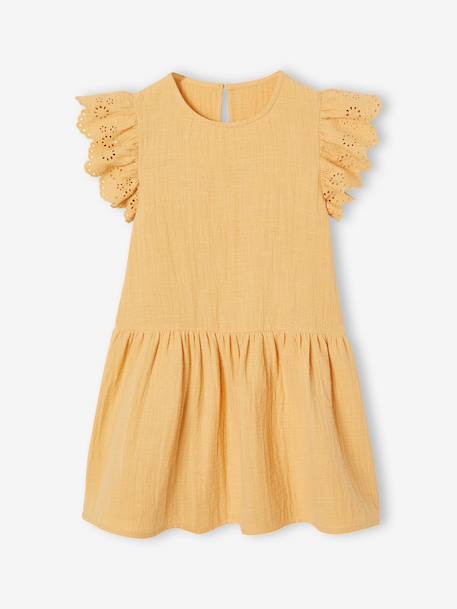 Girls' cotton gauze dress with short embroidered sleeves coral+yellow - vertbaudet enfant 