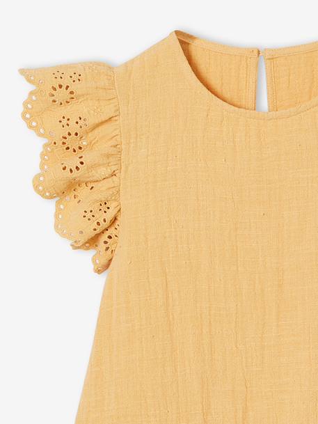 Girls' cotton gauze dress with short embroidered sleeves coral+yellow - vertbaudet enfant 