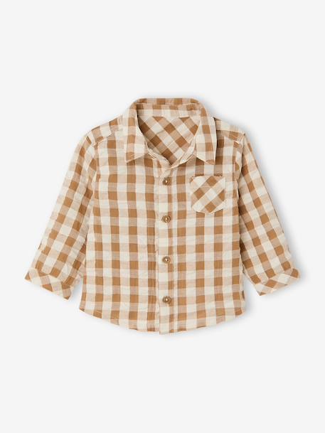 Baby boy's cotton muslin shirt chequered beige - vertbaudet enfant 