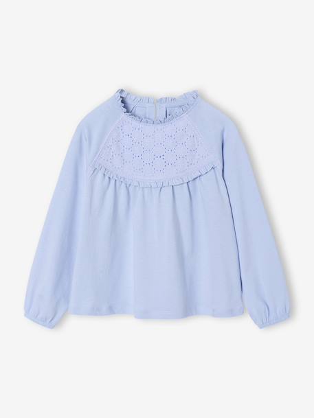 Top with Detail in Broderie Anglaise, for Girls ecru+GREEN DARK SOLID+mauve+navy blue+pale blue - vertbaudet enfant 