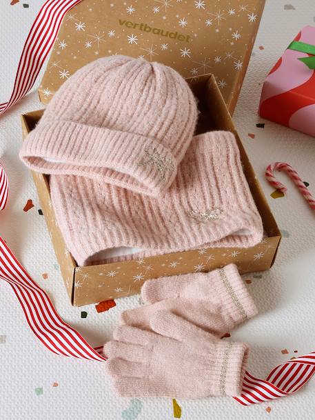 Girl's Christmas set: beanie + snood + mittens/gloves rosy - vertbaudet enfant 
