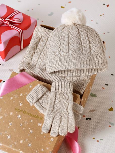 Coffret Noël fille bonnet + snood + moufles/gants beige chiné - vertbaudet enfant 